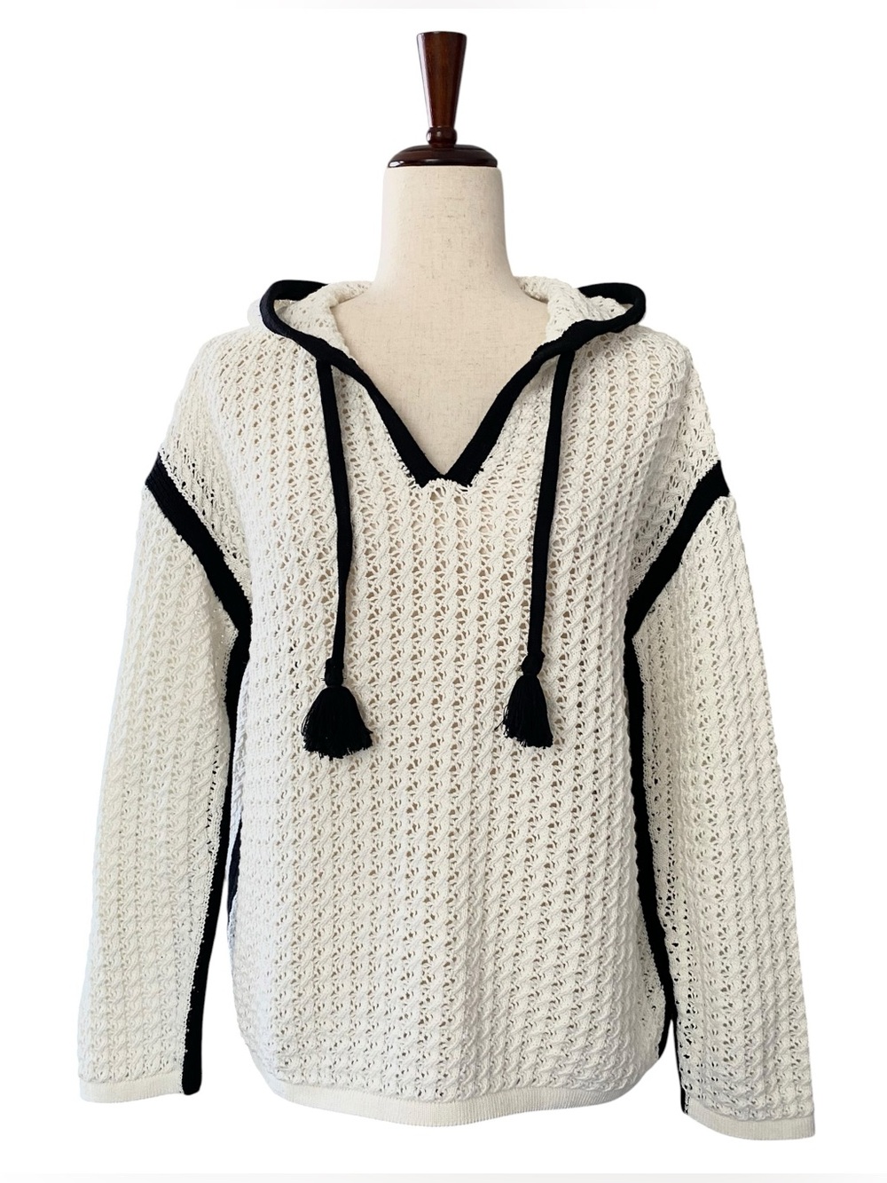 Vintage Havana Contrast Crochet Hoodie Ivory Black Open Knit Sweater Size Small